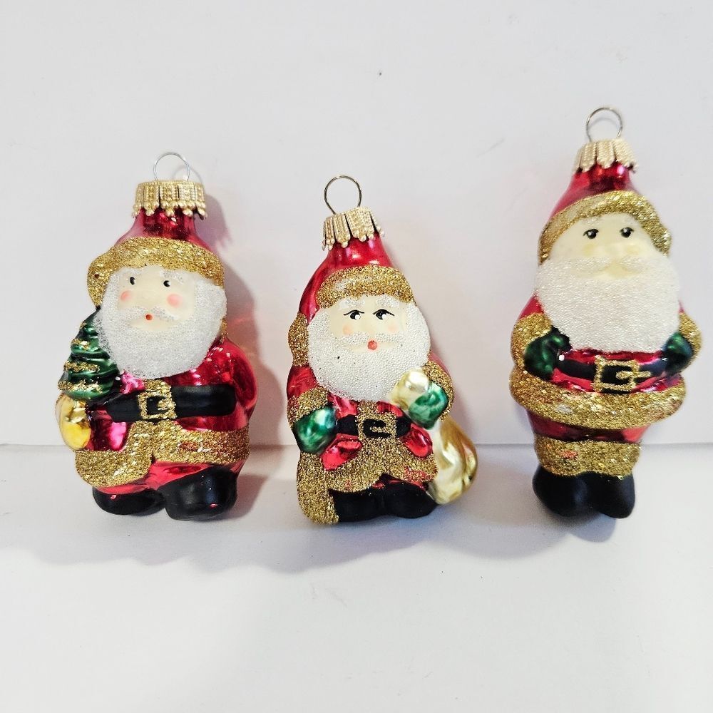 Vintage Christmas By Krebs German Set of Three Hand Blown Glass Santa Ornaments